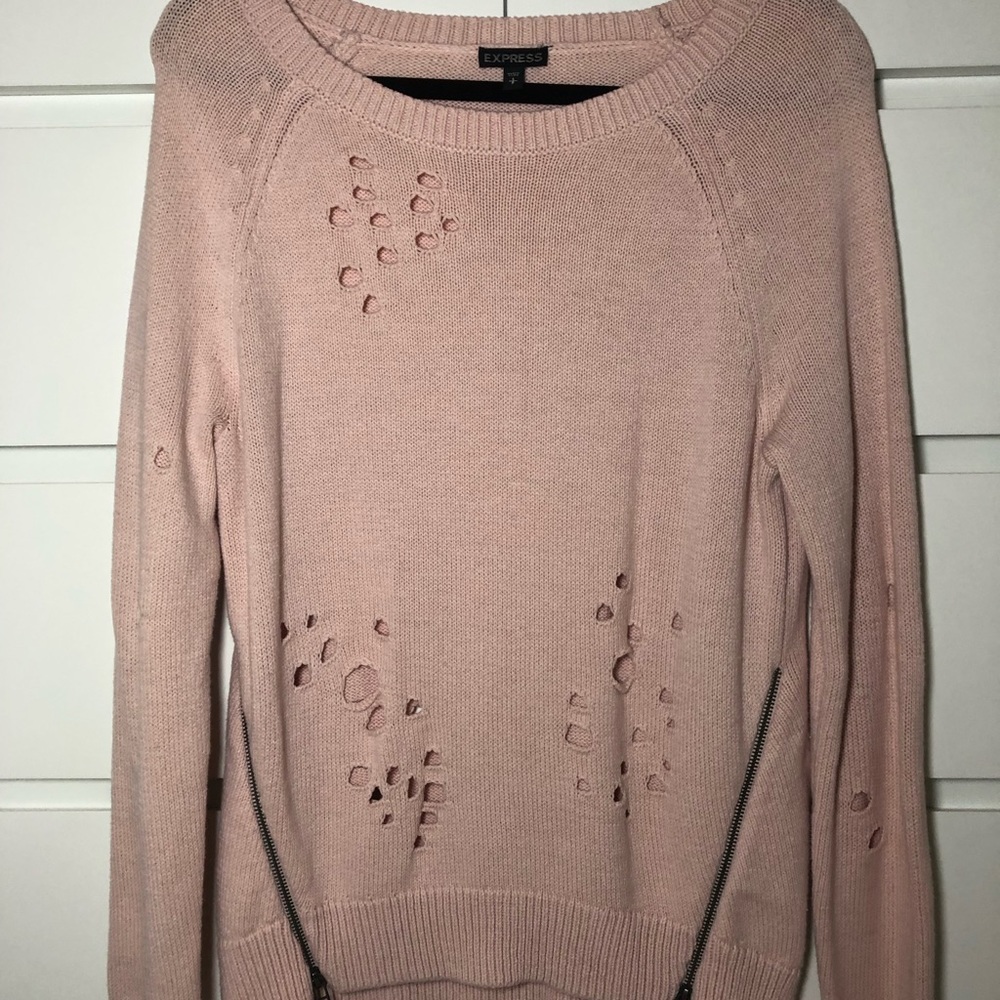 Blush Distressed Express Sweater w/ Zipper Details